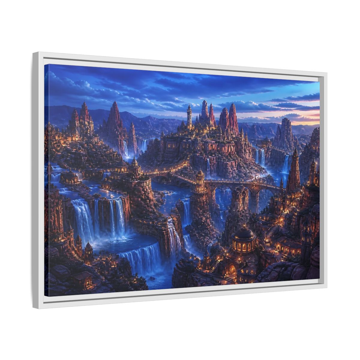 Side Mockup 10. Blue Hour Canyon City shown as framed canvas print