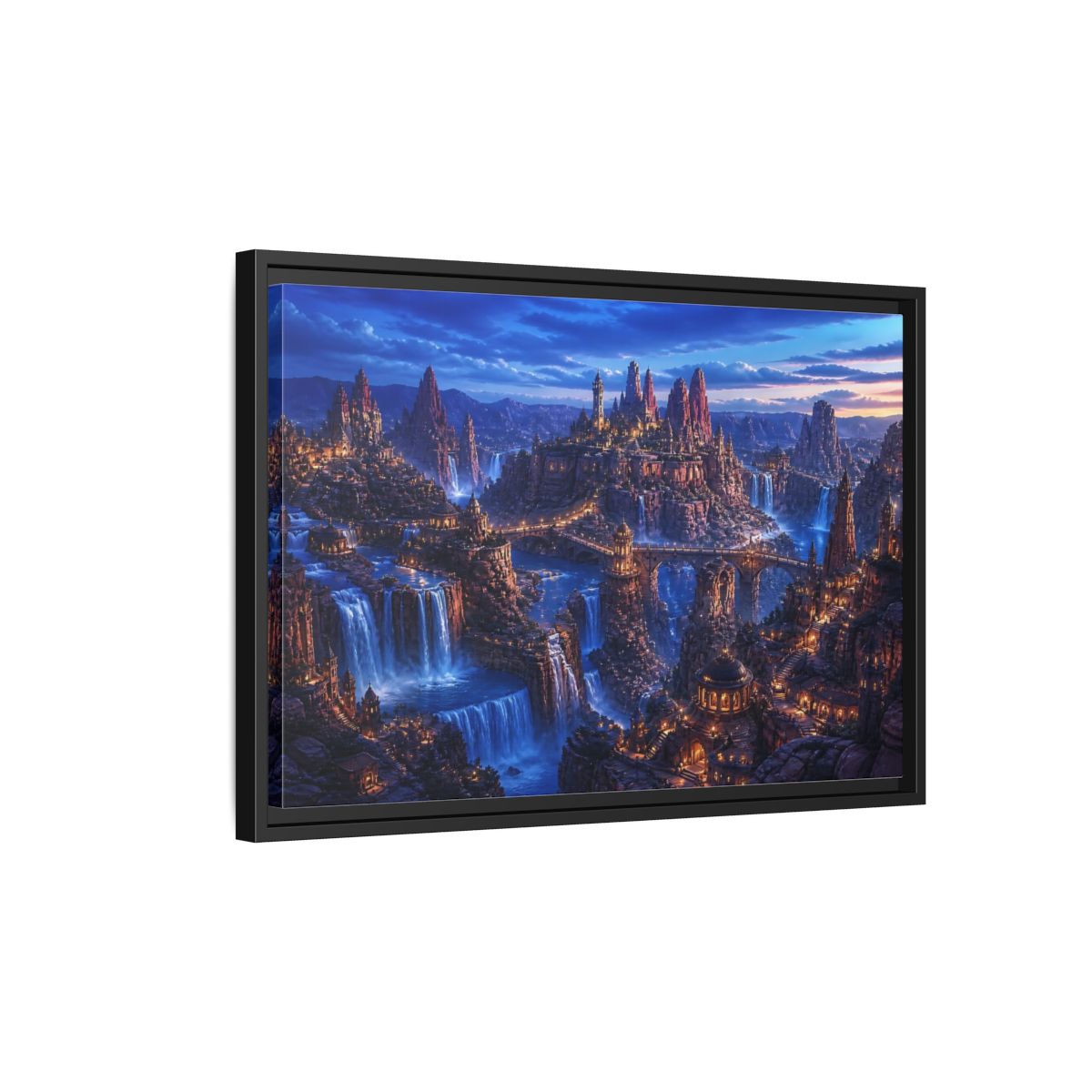 Side Mockup 3. Blue Hour Canyon City shown as framed canvas print