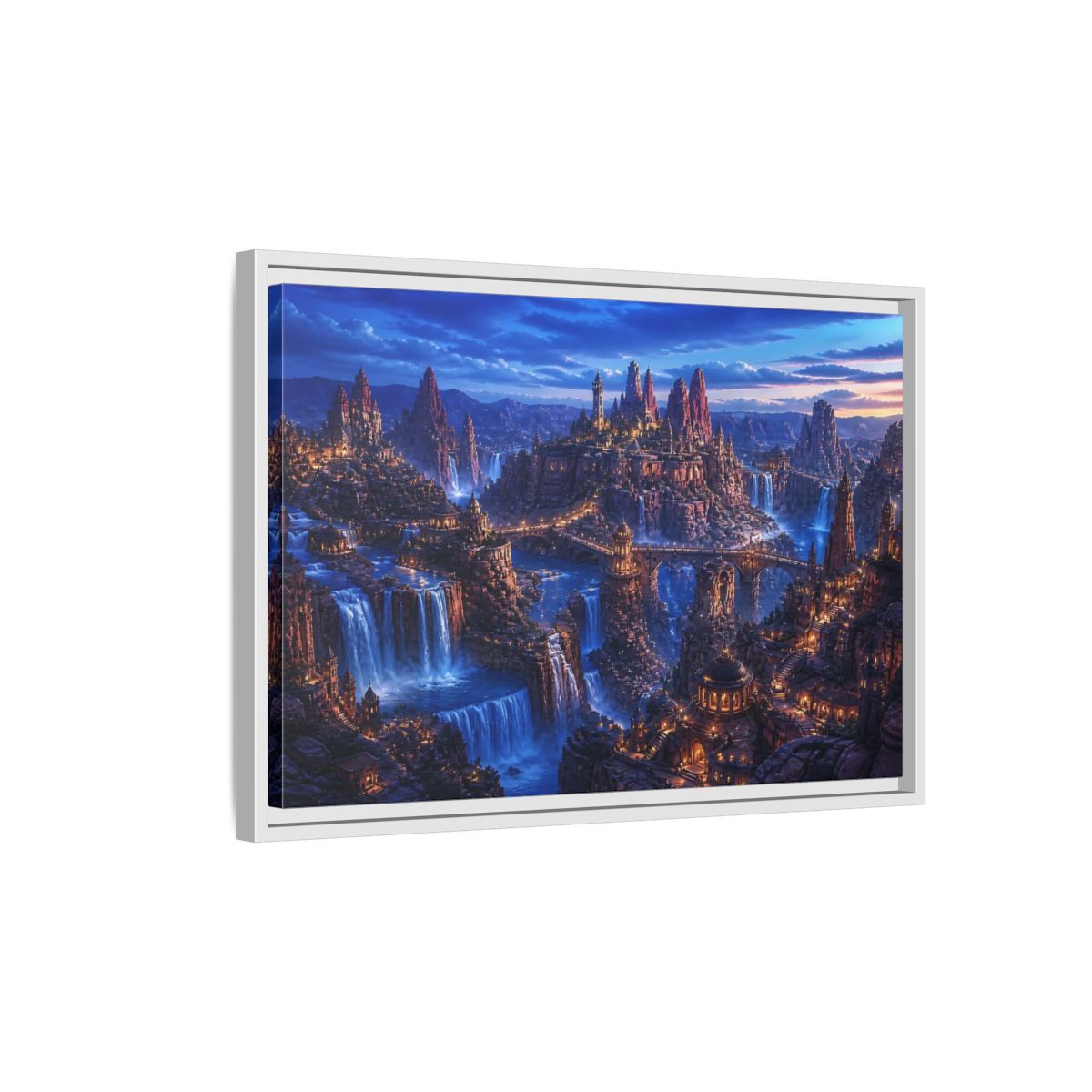 Side Mockup 1. Blue Hour Canyon City shown as framed canvas print