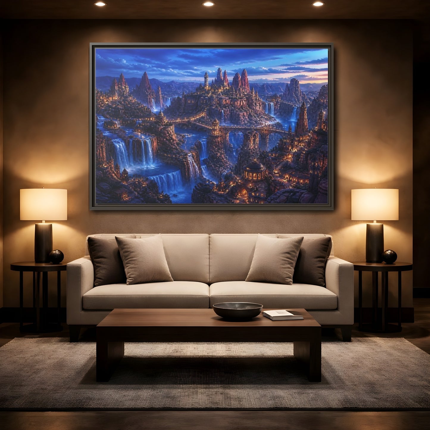 Mockup 2. Blue Hour Canyon City shown as framed canvas print