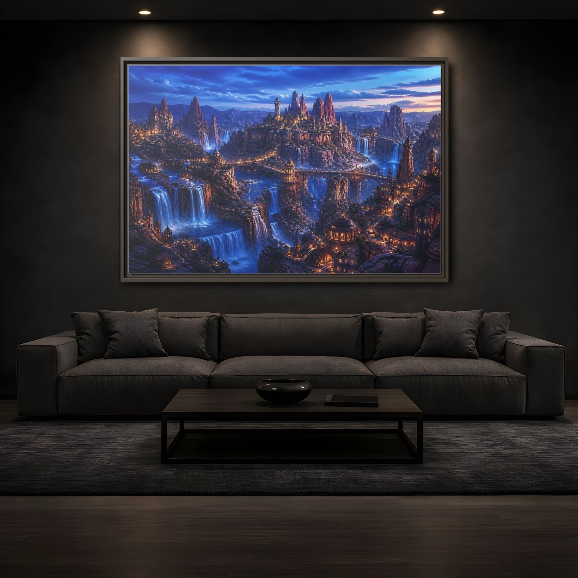 Mockup 3. Blue Hour Canyon City shown as framed canvas print