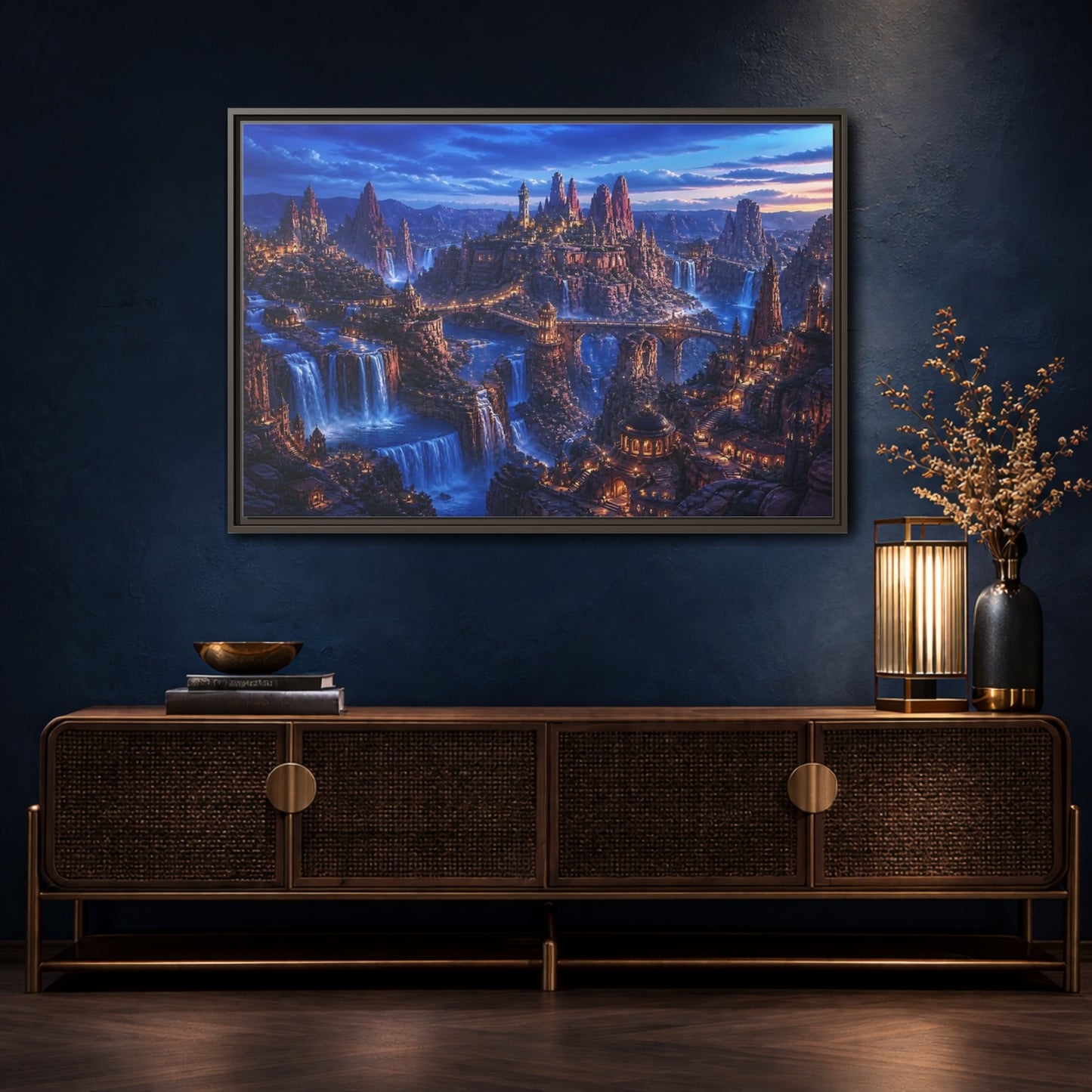 Mockup 4. Blue Hour Canyon City shown as framed canvas print