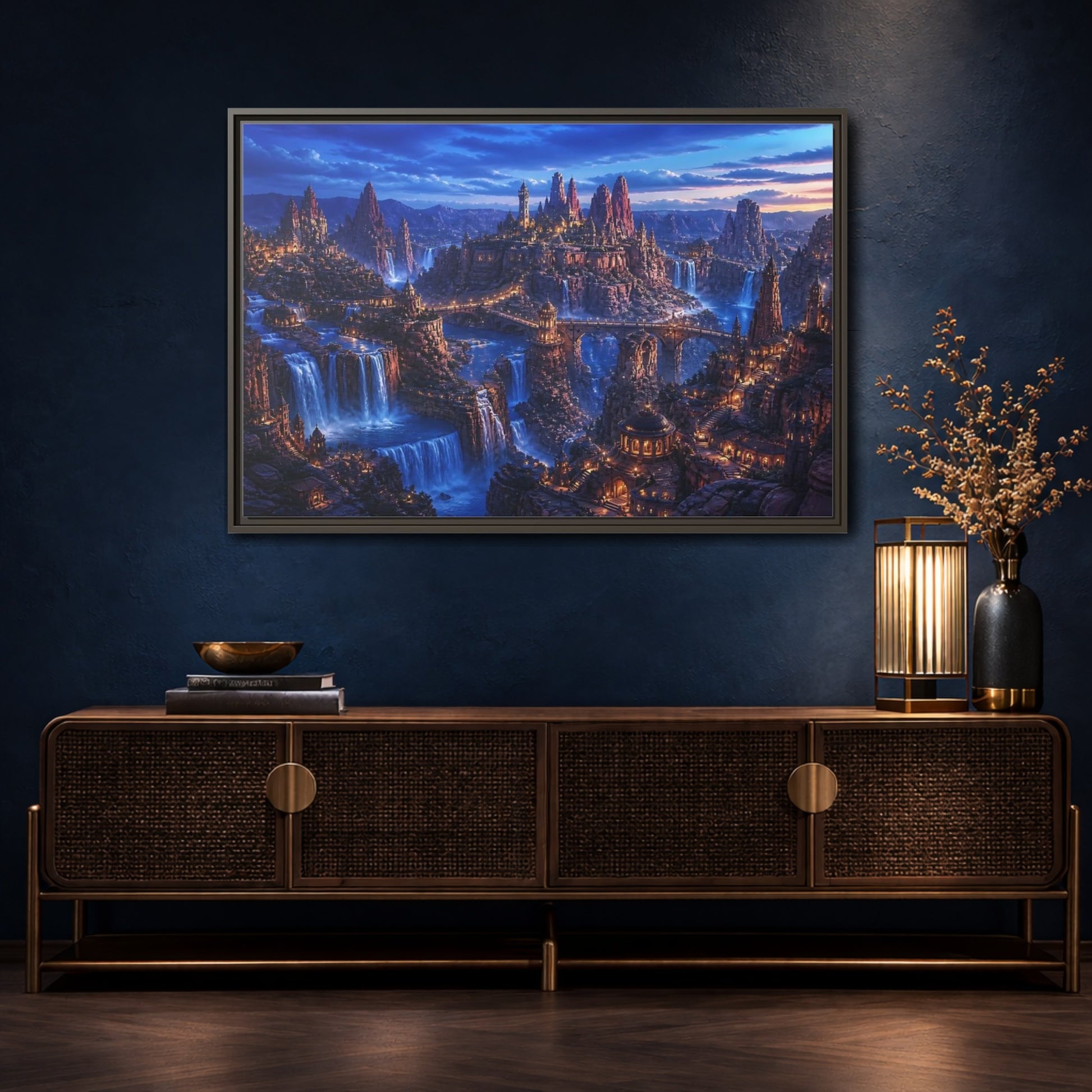 Mockup 4. Blue Hour Canyon City shown as framed canvas print