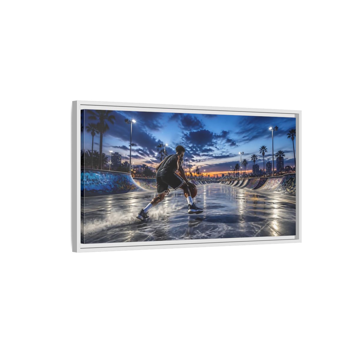 Side Mockup 1. Blue Hour Dribble shown as framed canvas print