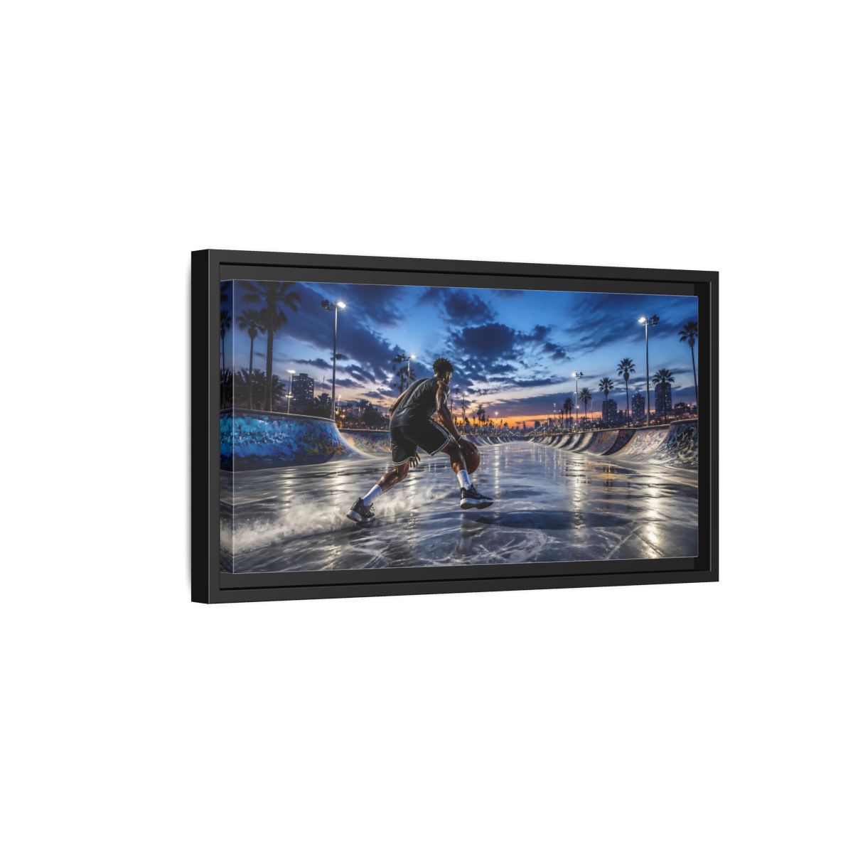 Side Mockup 8. Blue Hour Dribble shown as framed canvas print