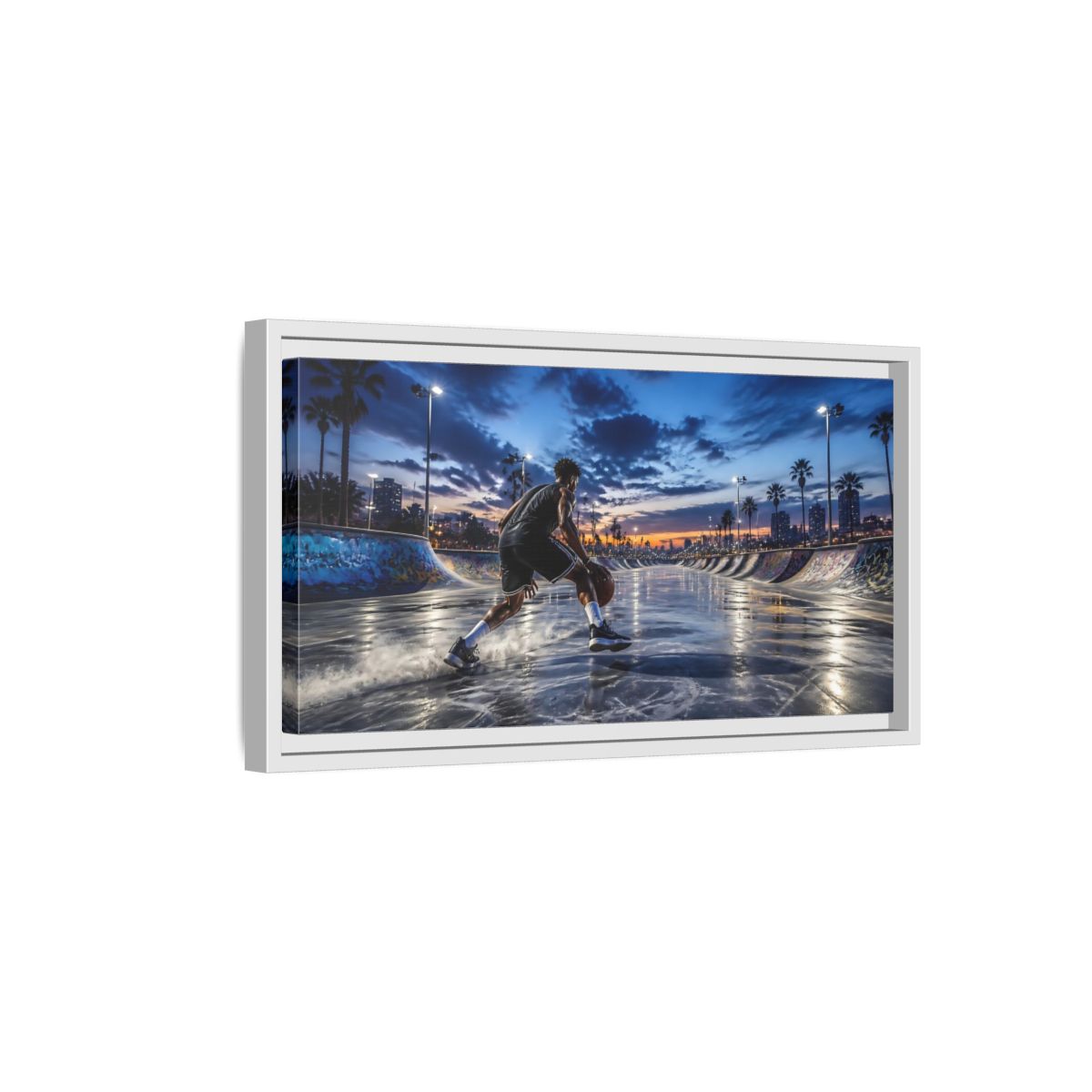 Side Mockup 6. Blue Hour Dribble shown as framed canvas print