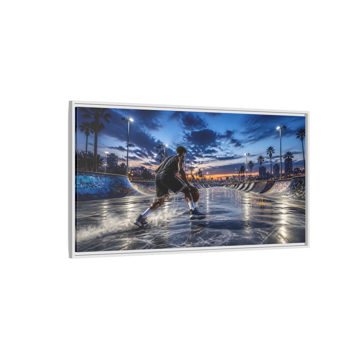 Side Mockup 3. Blue Hour Dribble shown as framed canvas print