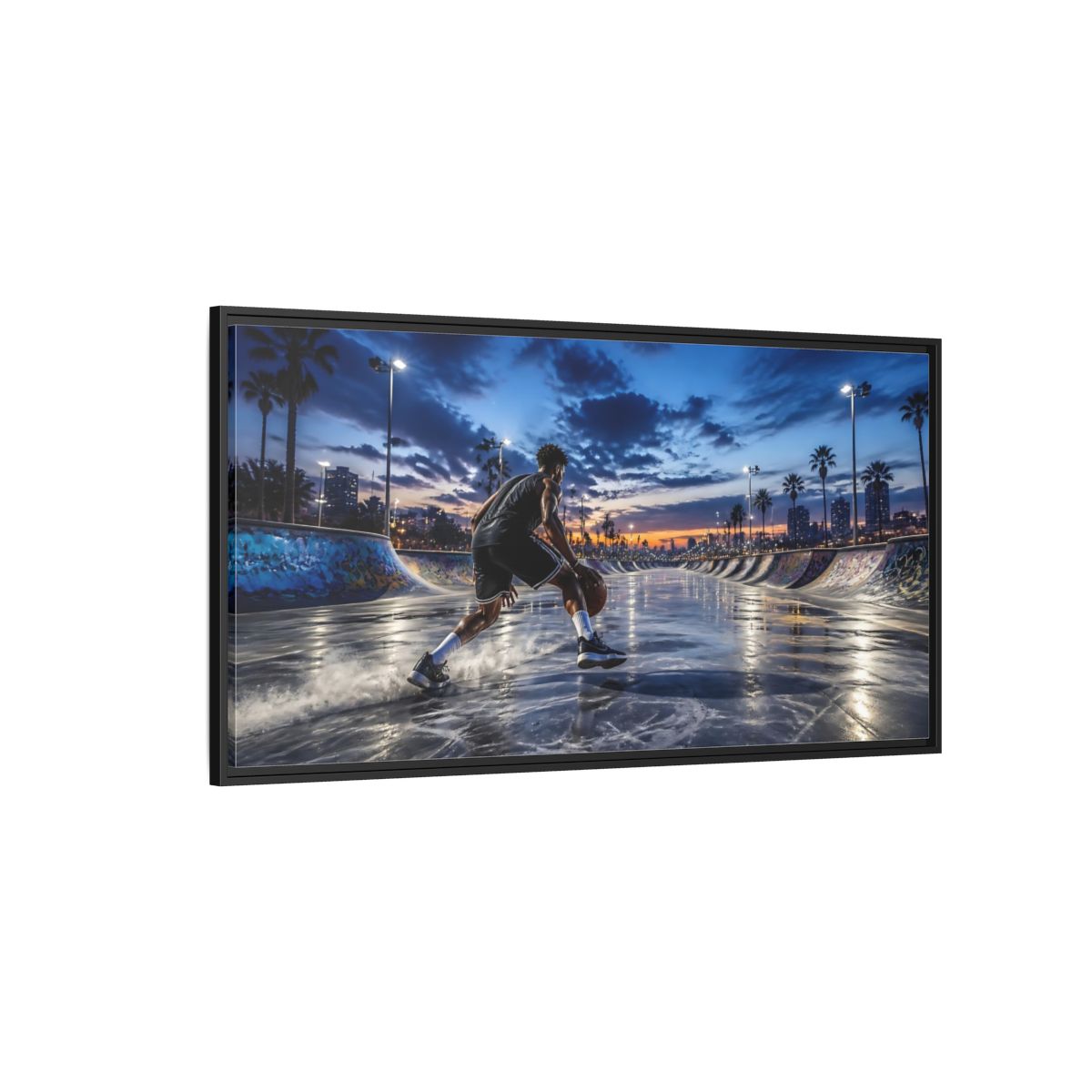 Side Mockup 5. Blue Hour Dribble shown as framed canvas print