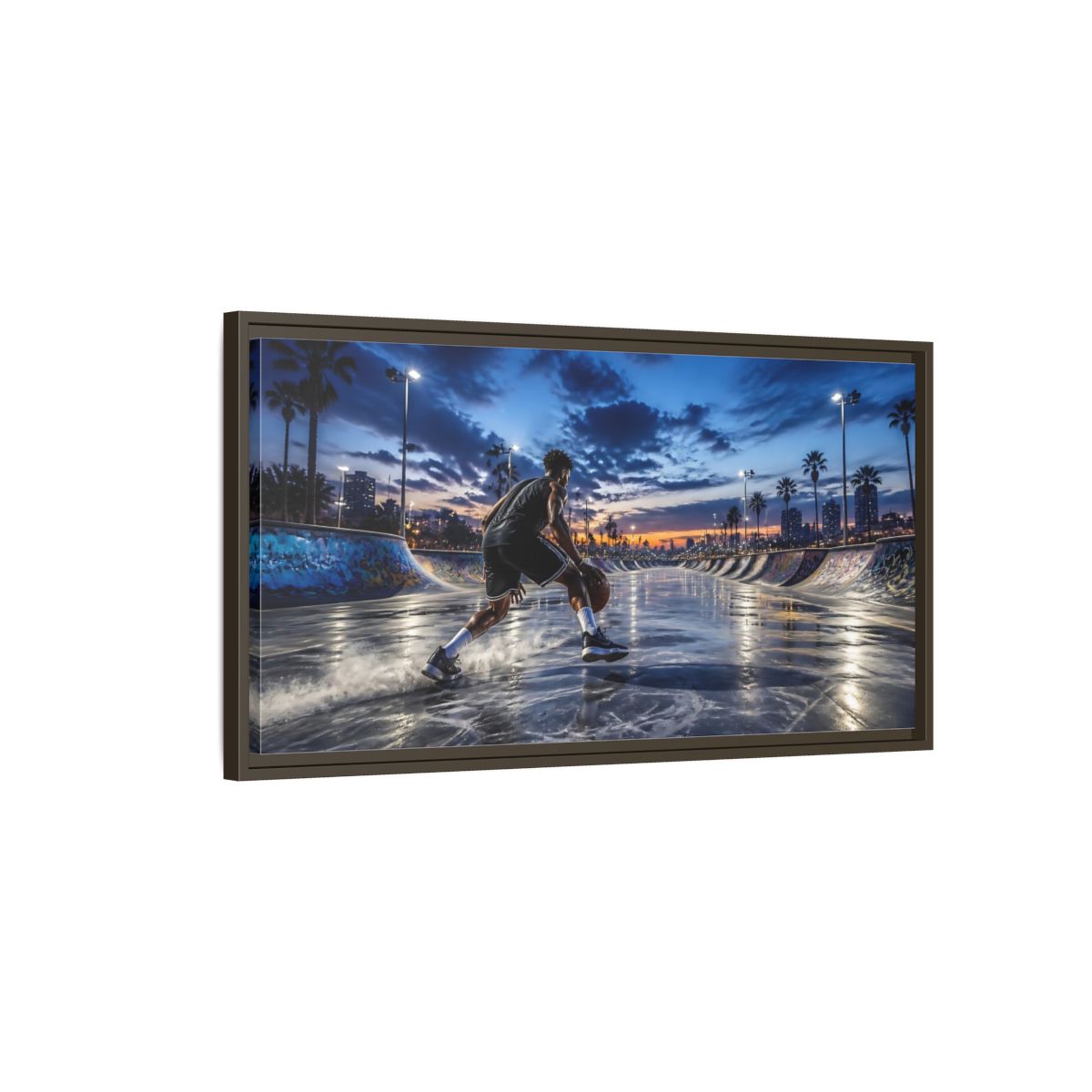 Main Mockup. Blue Hour Dribble shown as framed canvas print