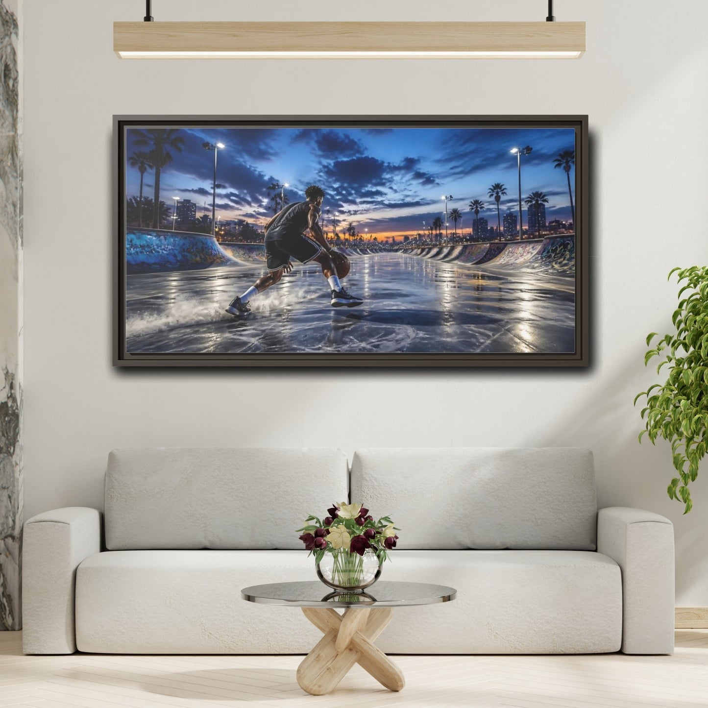 Mockup 2. Blue Hour Dribble shown as framed canvas print