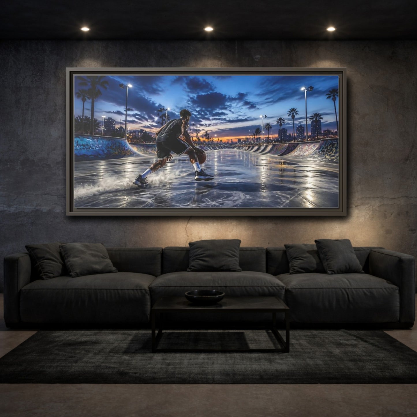 Mockup 3. Blue Hour Dribble shown as framed canvas print
