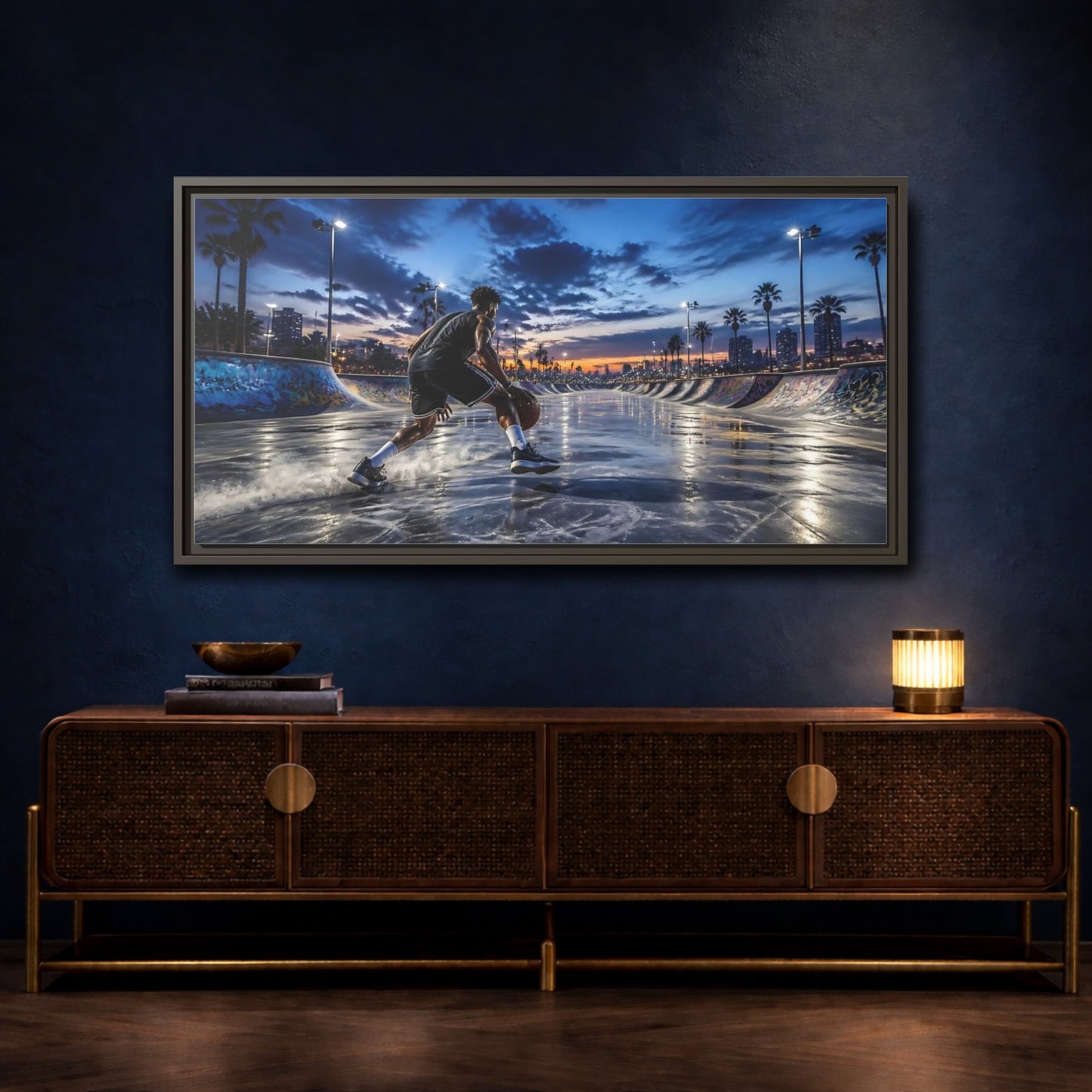 Mockup 4. Blue Hour Dribble shown as framed canvas print