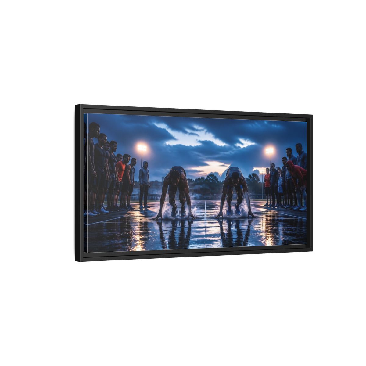 Side Mockup 2. Blue Hour Sprint Start shown as framed canvas print