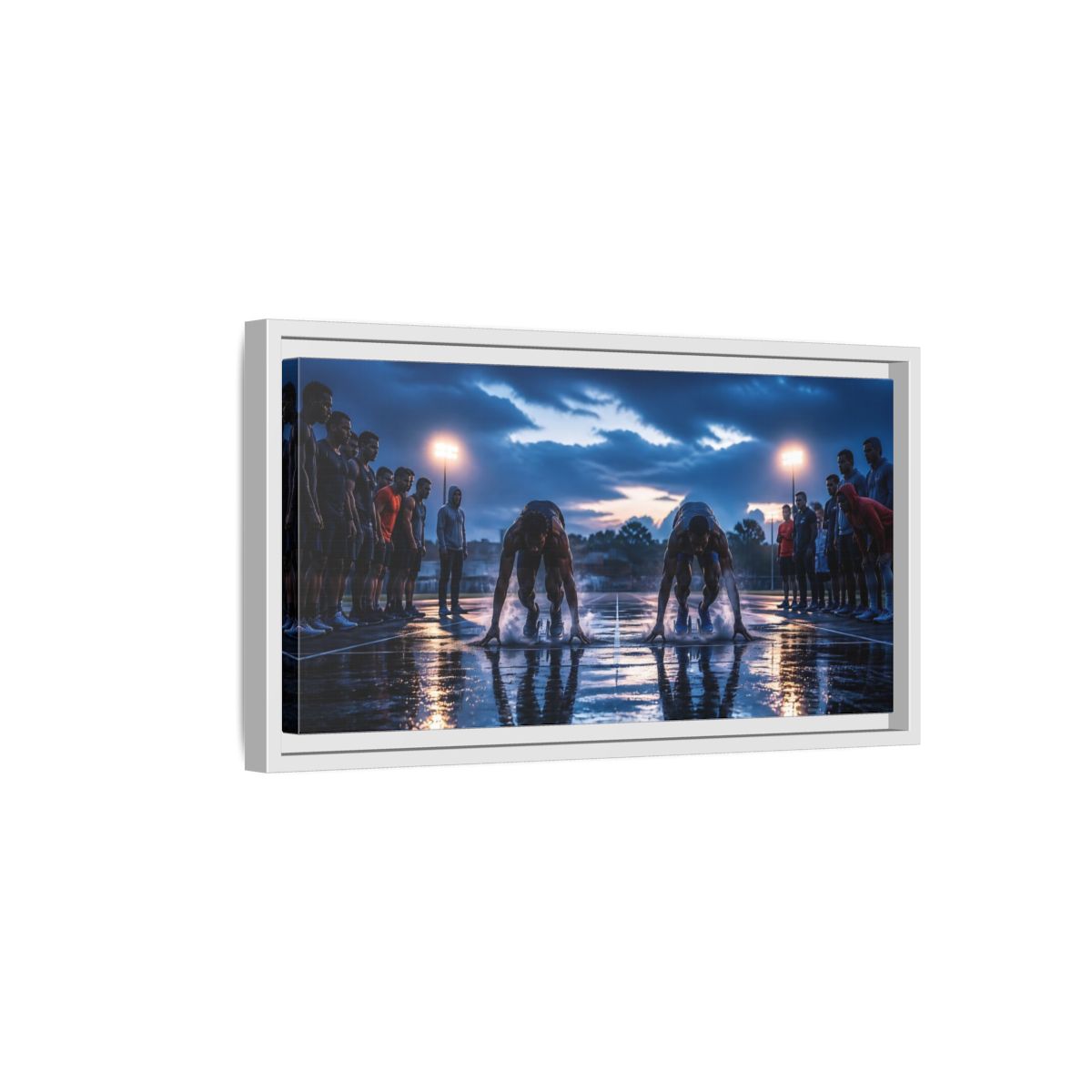Side Mockup 6. Blue Hour Sprint Start shown as framed canvas print