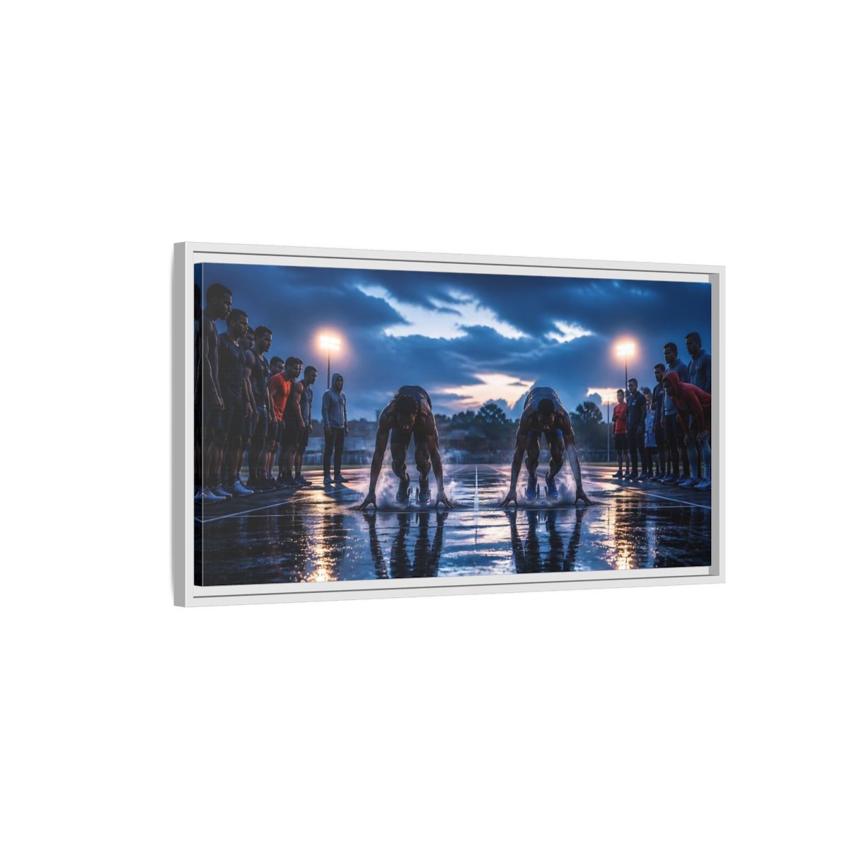 Side Mockup 1. Blue Hour Sprint Start shown as framed canvas print