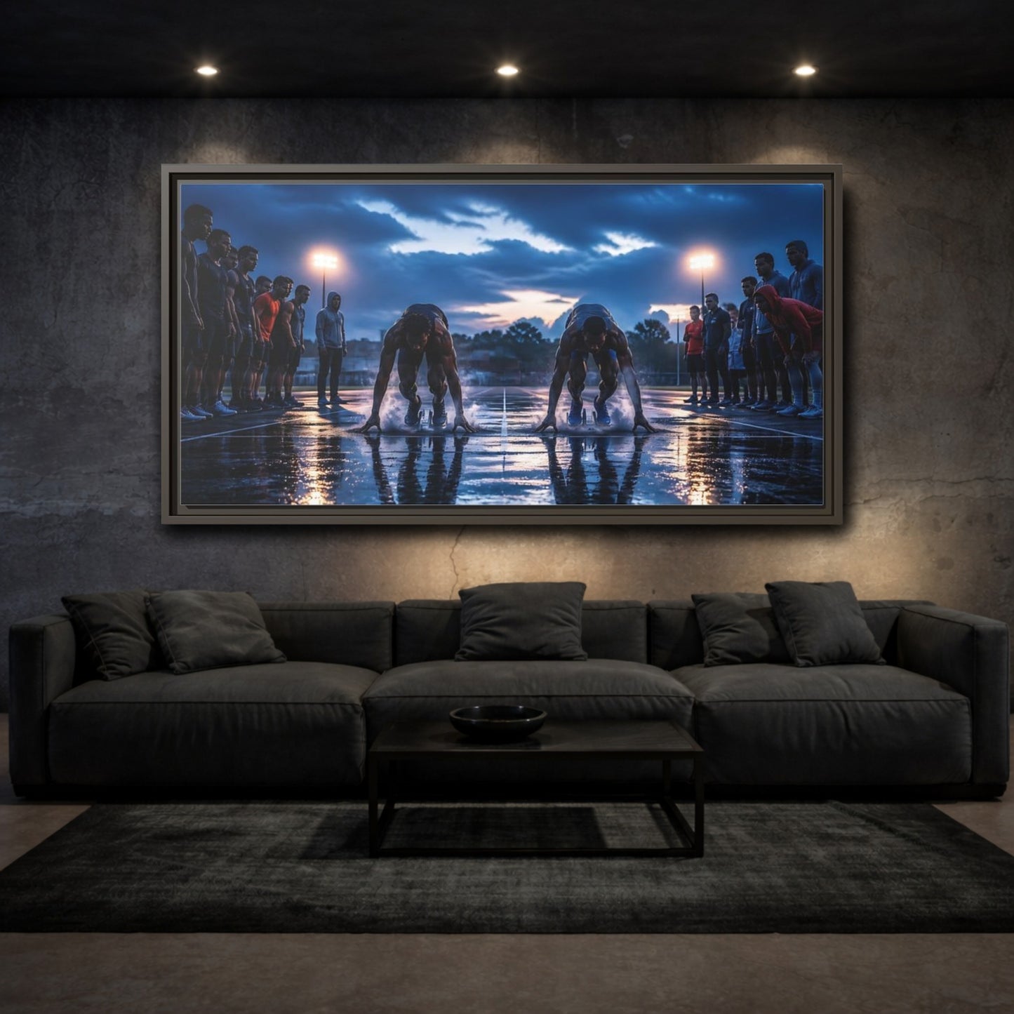 Mockup 3. Blue Hour Sprint Start shown as framed canvas print