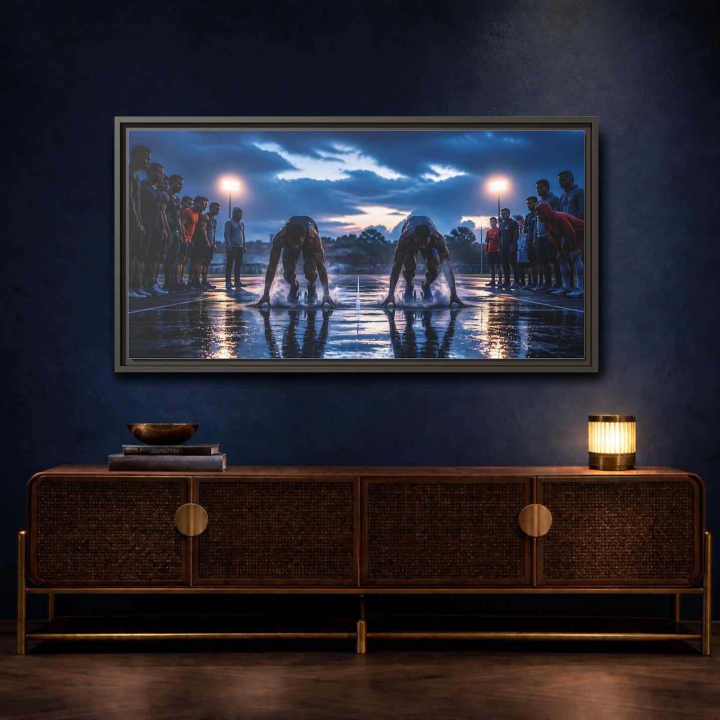 Mockup 4. Blue Hour Sprint Start shown as framed canvas print