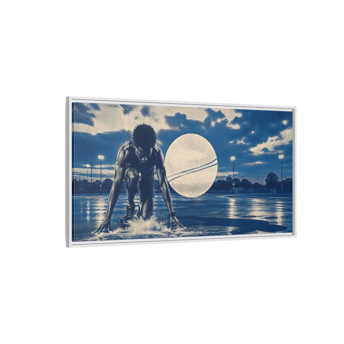 Side Mockup 3. Blue Hour Track Sprinter shown as framed canvas print