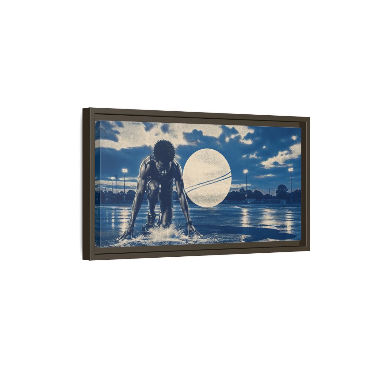 Side Mockup 7. Blue Hour Track Sprinter shown as framed canvas print