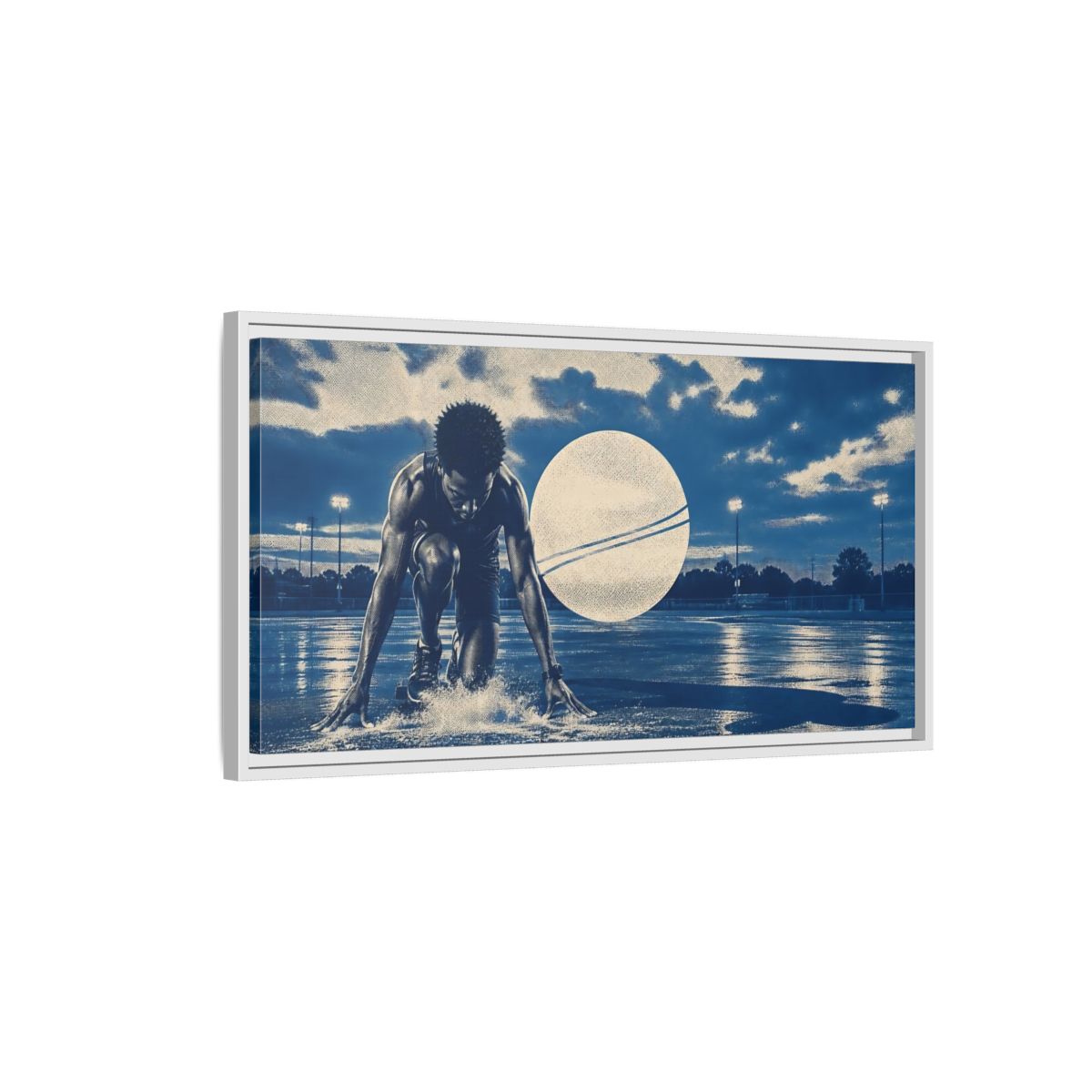 Side Mockup 1. Blue Hour Track Sprinter shown as framed canvas print