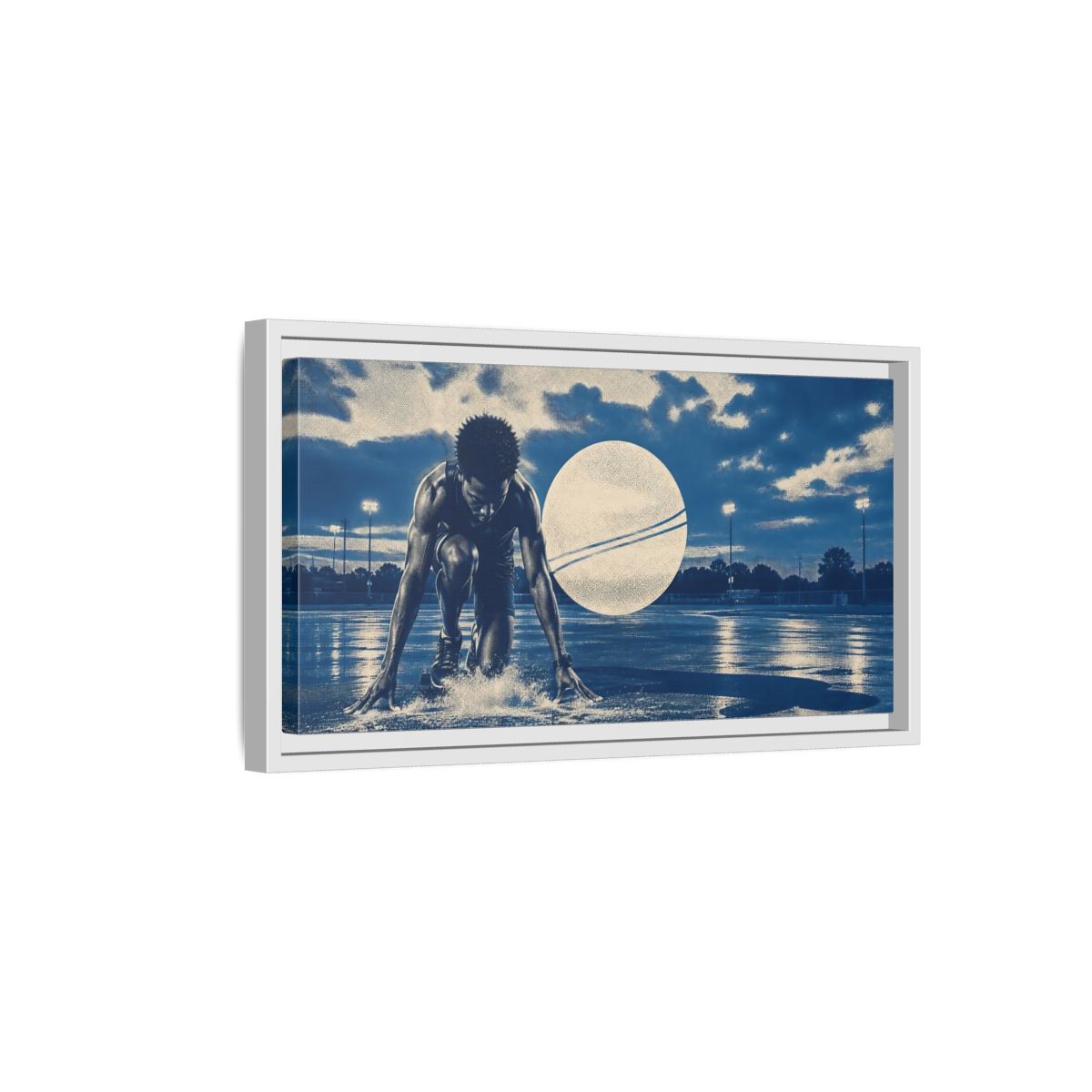 Side Mockup 6. Blue Hour Track Sprinter shown as framed canvas print