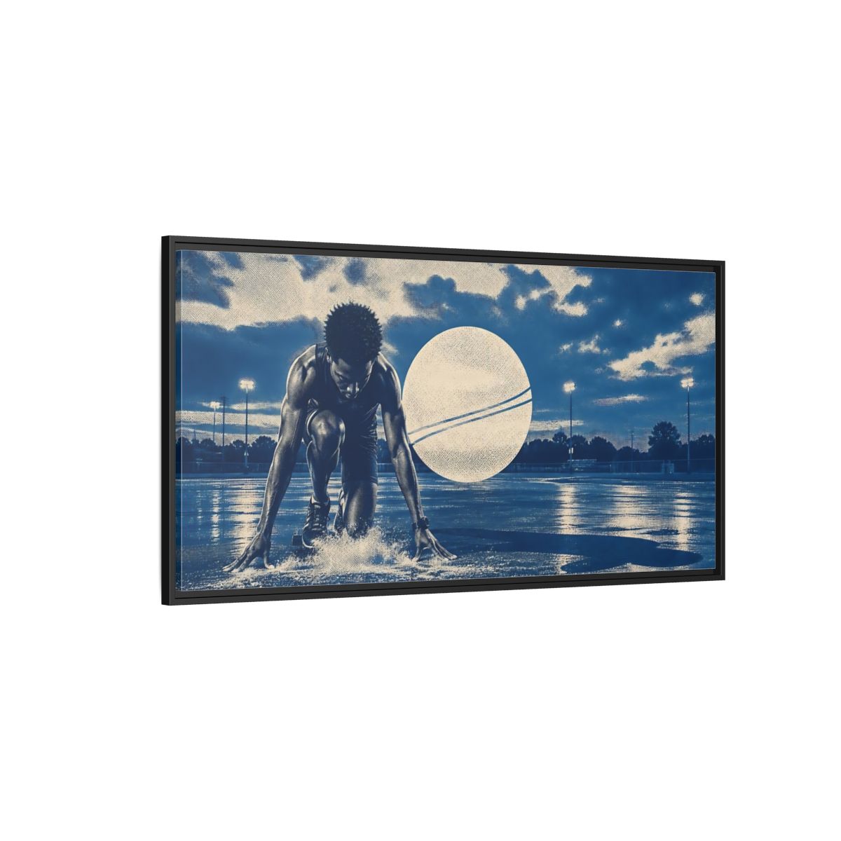 Side Mockup 5. Blue Hour Track Sprinter shown as framed canvas print