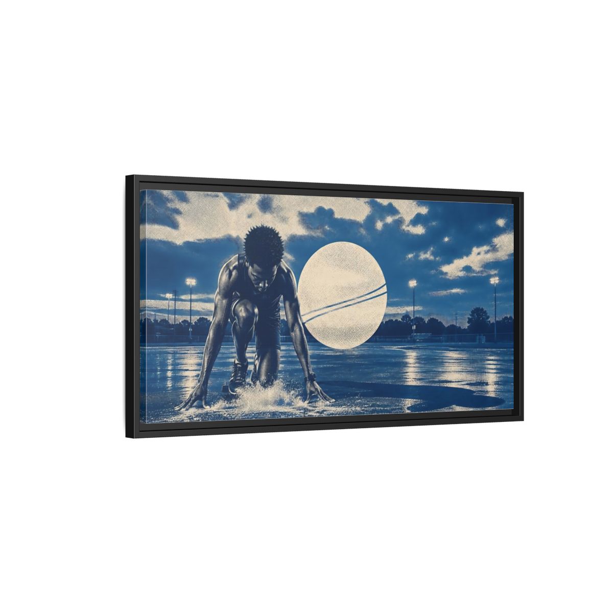Side Mockup 2. Blue Hour Track Sprinter shown as framed canvas print