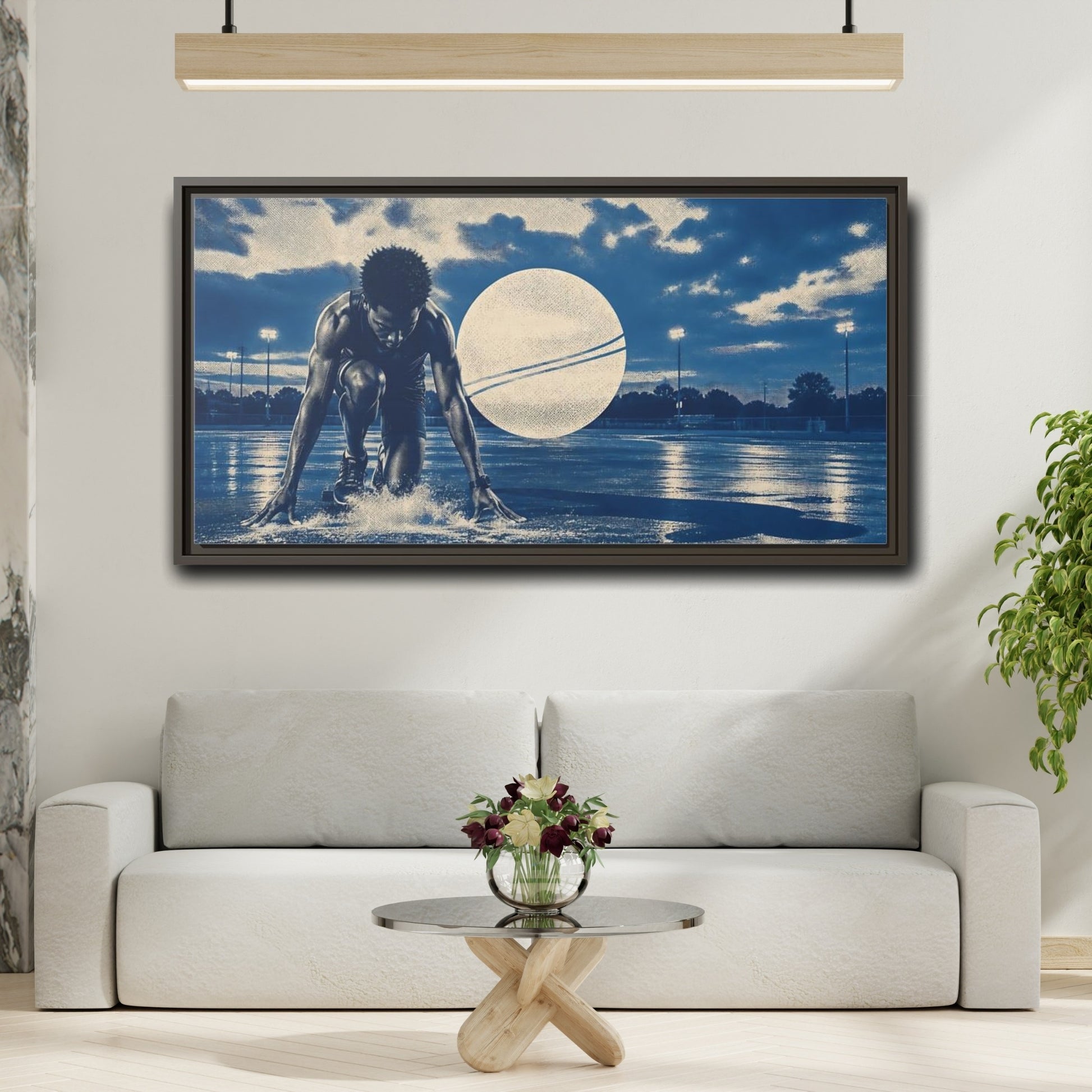 Mockup 2. Blue Hour Track Sprinter shown as framed canvas print