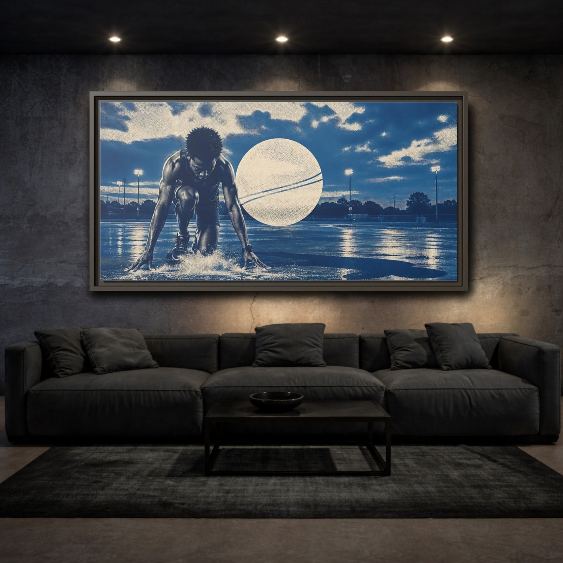 Mockup 3. Blue Hour Track Sprinter shown as framed canvas print