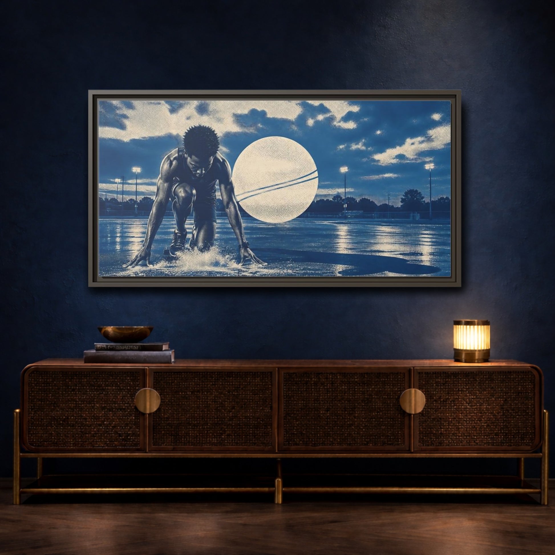 Mockup 4. Blue Hour Track Sprinter shown as framed canvas print