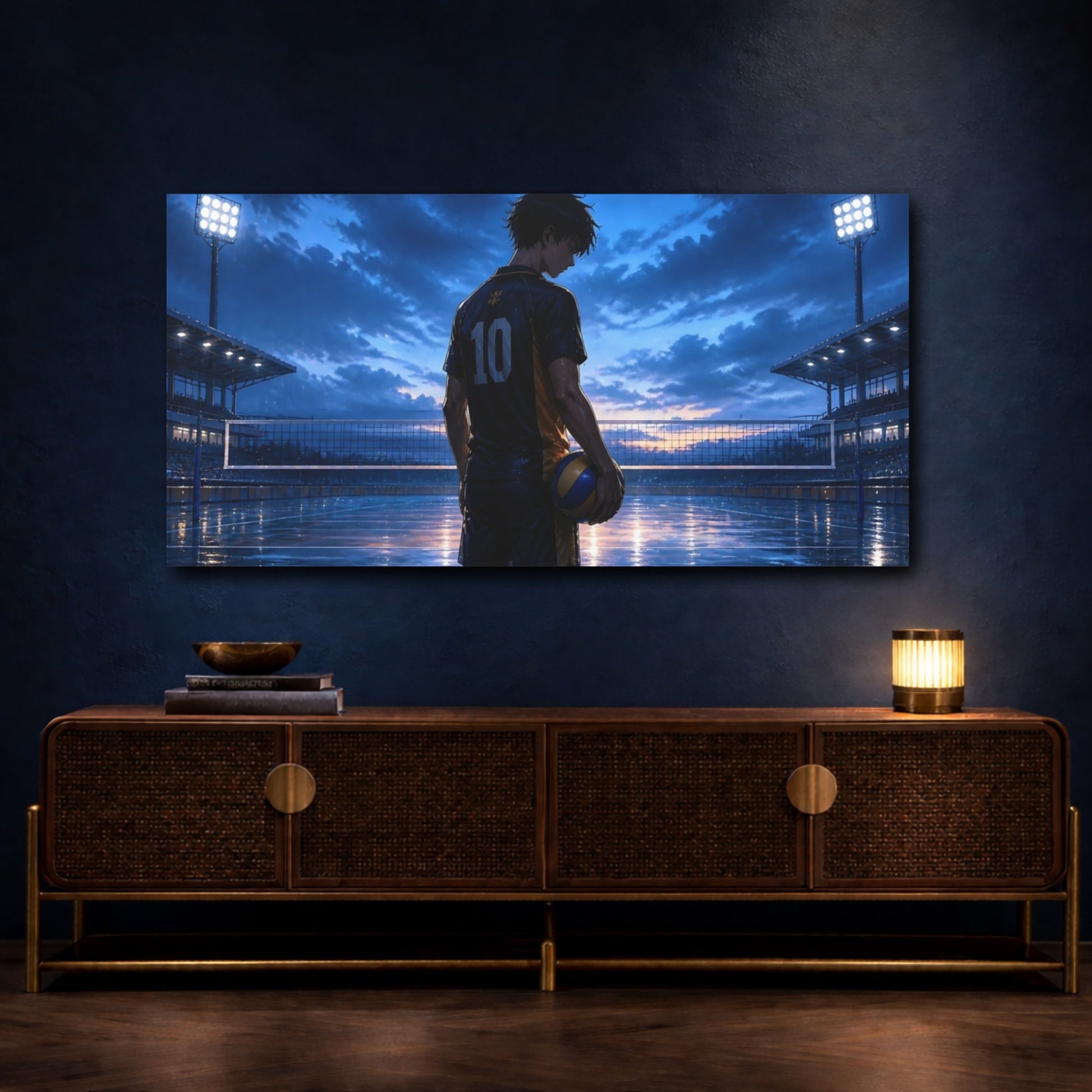 Mockup 4. Blue Hour Volleyball Moment shown as canvas print
