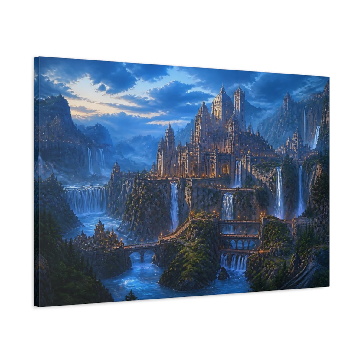 Main Mockup. Blue Hour Waterfall City shown as canvas print