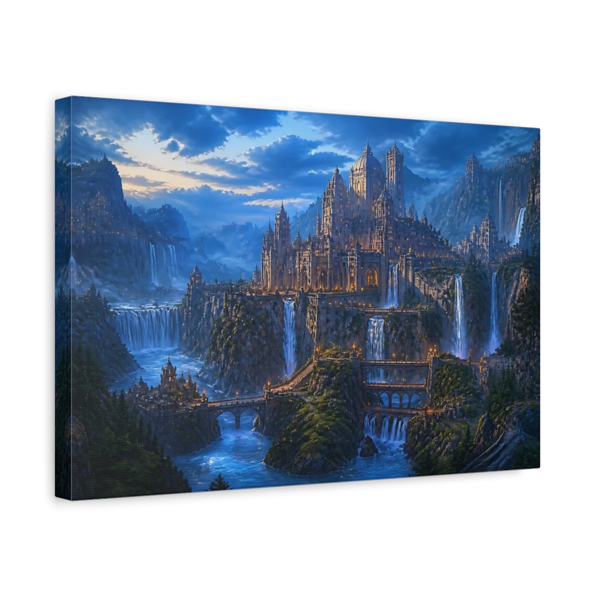 Side Mockup 4. Blue Hour Waterfall City shown as canvas print