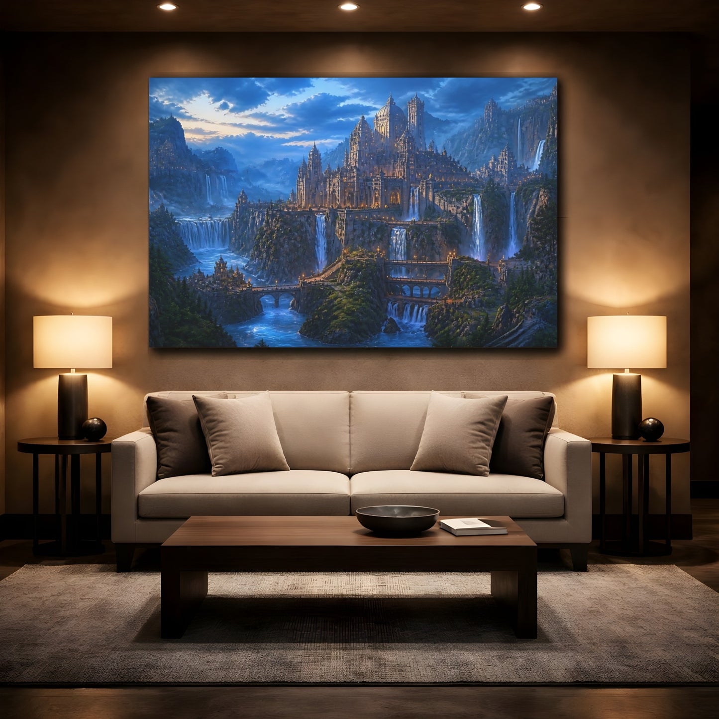Mockup 2. Blue Hour Waterfall City shown as canvas print