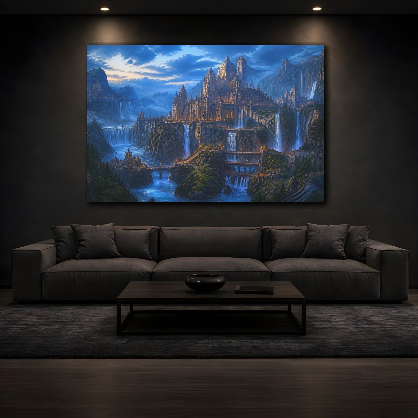 Mockup 3. Blue Hour Waterfall City shown as canvas print