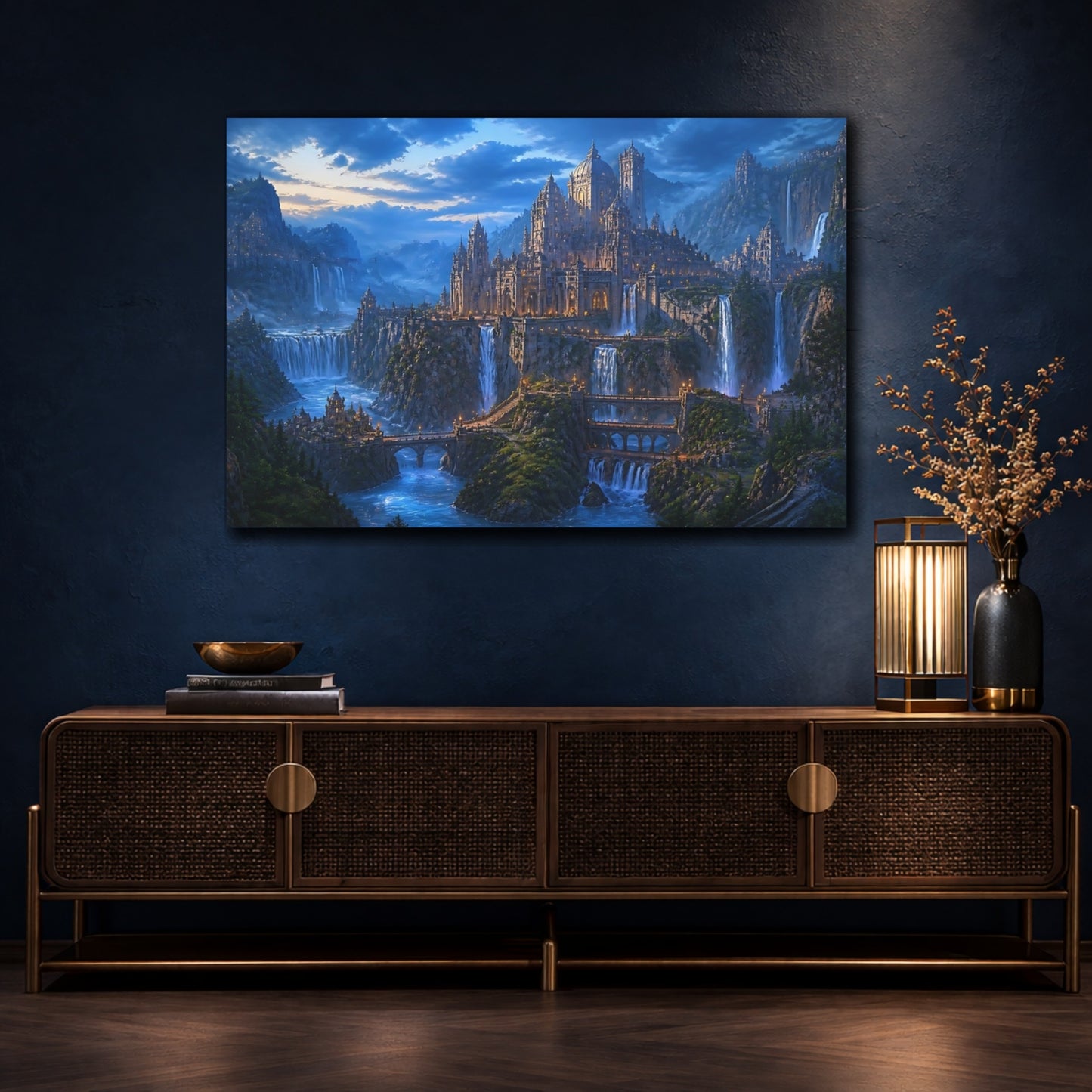 Mockup 4. Blue Hour Waterfall City shown as canvas print