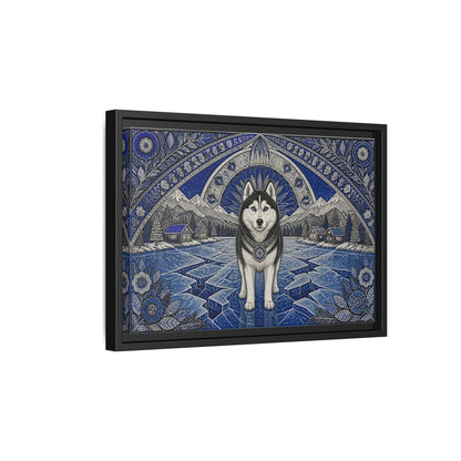 Side Mockup 6. Blue Husky Winter Guardian shown as framed canvas print