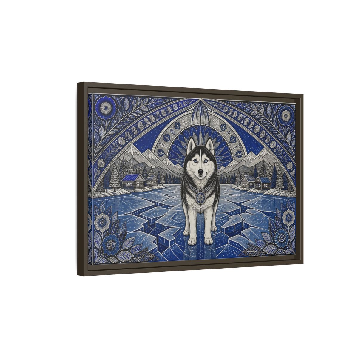Side Mockup 2. Blue Husky Winter Guardian shown as framed canvas print