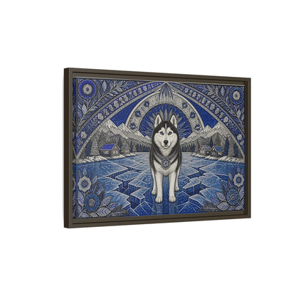Side Mockup 2. Blue Husky Winter Guardian shown as framed canvas print