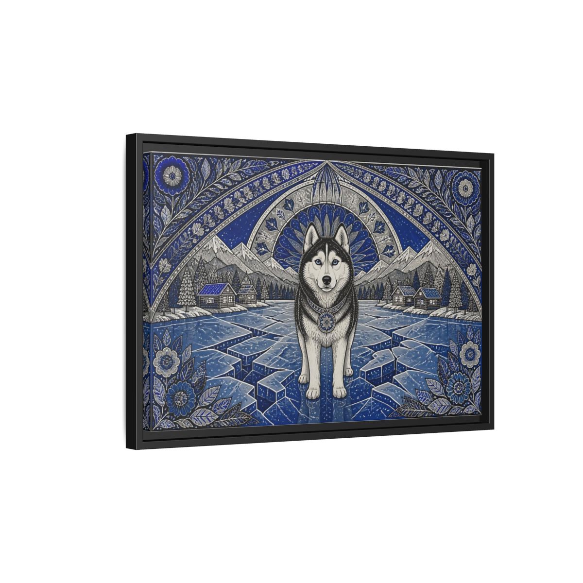 Side Mockup 3. Blue Husky Winter Guardian shown as framed canvas print