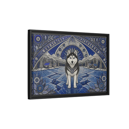 Side Mockup 3. Blue Husky Winter Guardian shown as framed canvas print