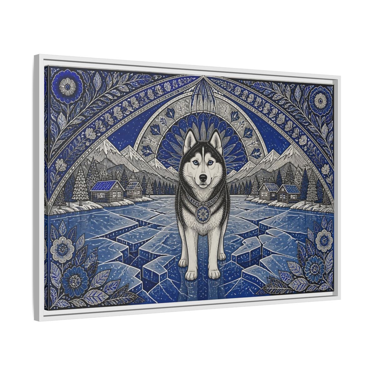 Side Mockup 9. Blue Husky Winter Guardian shown as framed canvas print