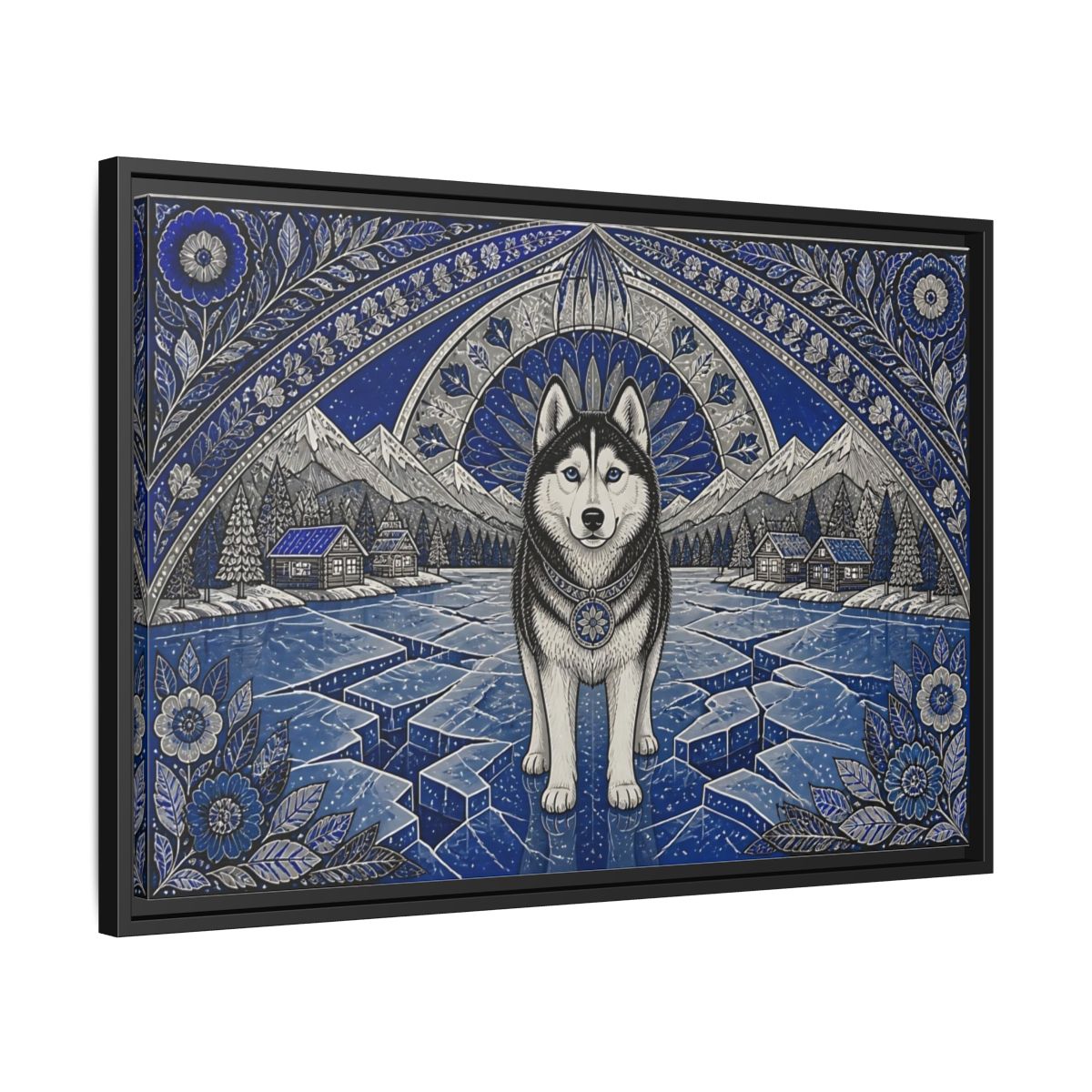 Side Mockup 14. Blue Husky Winter Guardian shown as framed canvas print
