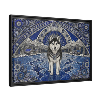 Side Mockup 14. Blue Husky Winter Guardian shown as framed canvas print