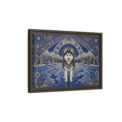 Side Mockup 5. Blue Husky Winter Guardian shown as framed canvas print