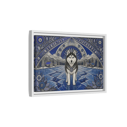 Side Mockup 4. Blue Husky Winter Guardian shown as framed canvas print