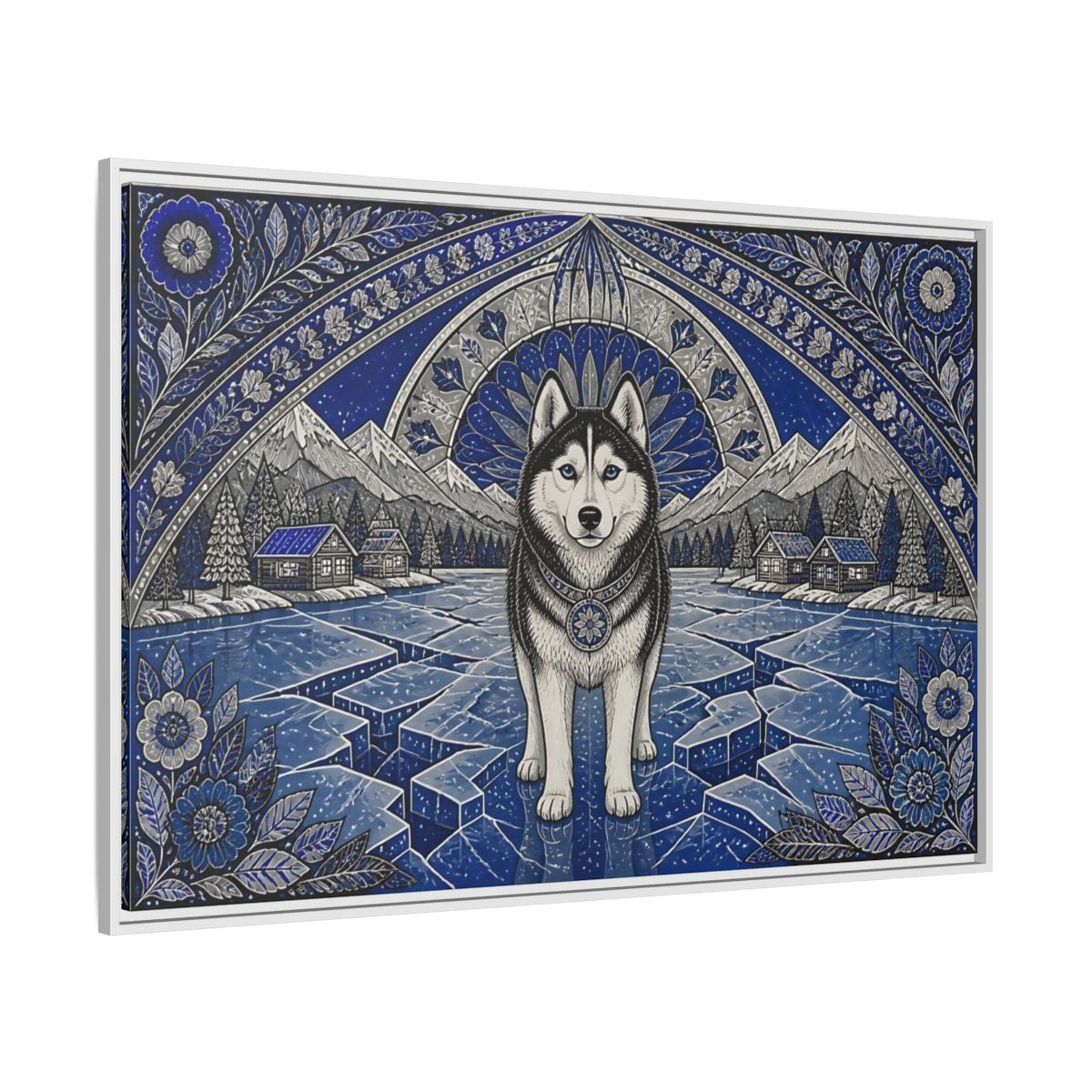 Side Mockup 7. Blue Husky Winter Guardian shown as framed canvas print