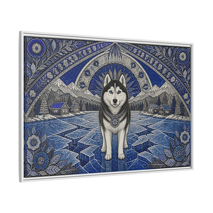 Side Mockup 7. Blue Husky Winter Guardian shown as framed canvas print