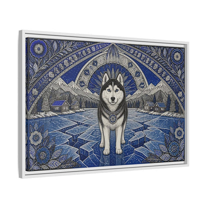 Side Mockup 10. Blue Husky Winter Guardian shown as framed canvas print