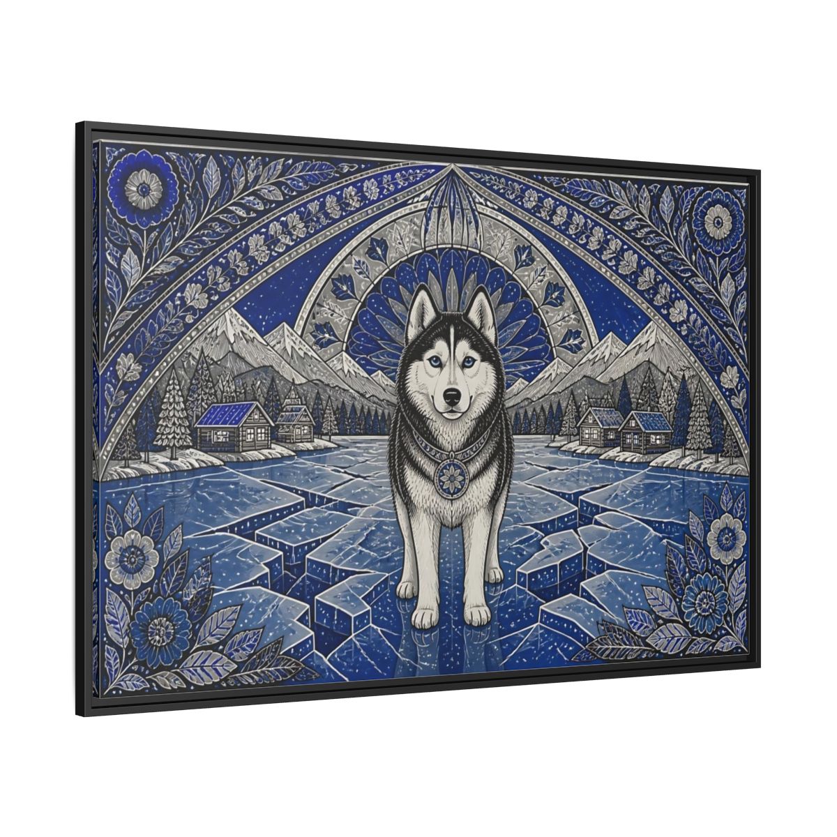 Side Mockup 12. Blue Husky Winter Guardian shown as framed canvas print